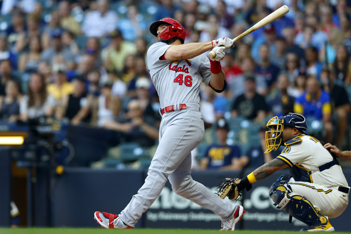 Paul Goldschmidt watches his home run against the Milwaukee Brewers.